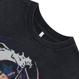 Anime girl sleeveless t-shirt Japanese poster surfer vest 00s Manga cartoon tank top in acid wash black