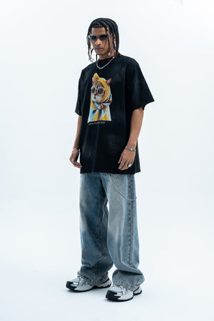 Cat print t-shirt retro cartoon top funny tee in black