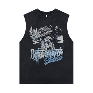Eagle print sleeveless t-shirt 80s pattern surfer vest retro bird cartoon tank top in acid wash black
