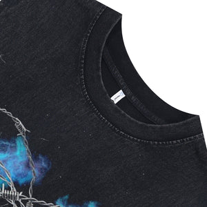 Butterfly print sleeveless t-shirt barbered wire surfer vest 00s cyberpunk tank top in acid wash black