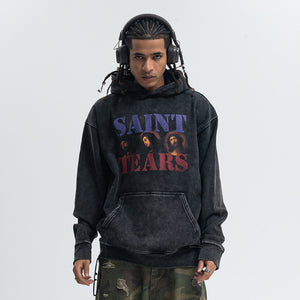 Saint print hoodie vintage wash religion jumper grunge retro pullover in acid grey