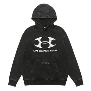 Cyberpunk hoodie tribal print pullover vintage wash raver jumper in acid grey