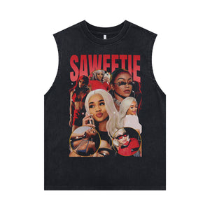 Saweetie sleeveless t-shirt vintage rapper vest hip-hop tank top in acid wash black