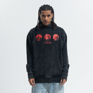 Creepy print hoodie gothic pullover retro cartoon jumper in vintage acid grey