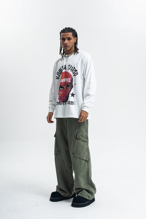Balaclava print long sleeve top ganster t-shirt hip-hop jumper in white