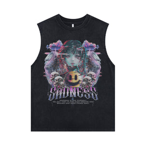 Sad girl sleeveless t-shirt angel print surfer vest 00s anime tank top in acid wash black