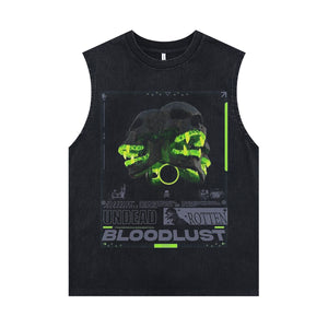 Fluorescent skeleton sleeveless t-shirt neon psychedelic skull cartoon vest creepy poster tank top in acid wash black