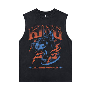 Doberman sleeveless t-shirt king slogan surfer vest 90s grunge pinscher tank top in acid wash black