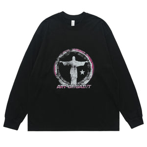 Saint print long sleeve top neon graffiti jumper grunge religion t-shirt in black