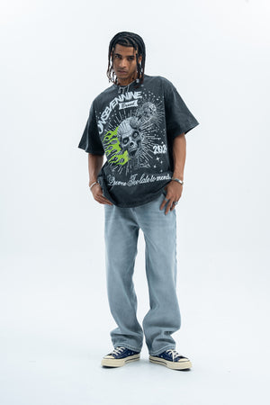 Flame t-shirt skeleton print tee grunge monster top skull jumper in Grey