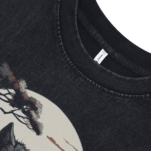 Samurai print sleeveless t-shirt wolf cartoon surfer vest retro cartoon slogan tank top in acid wash black