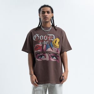 Anime t-shirt retro cartoon top 90s tee good life slogan jumper in brown