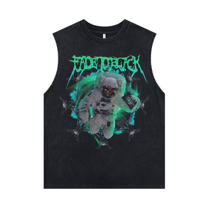Creepy spaceman sleeveless t-shirt psychedelic cartoon vest 00s astronaut poster tank top in acid wash black