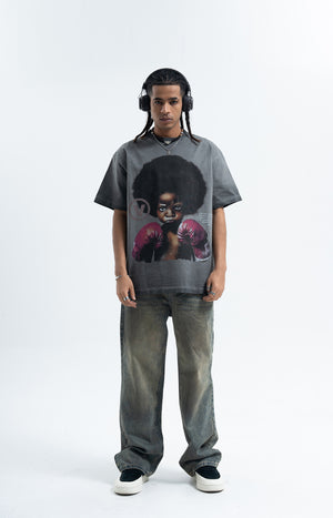 Kid boxer t-shirt retro cartoon top motivational slogan tee in grey