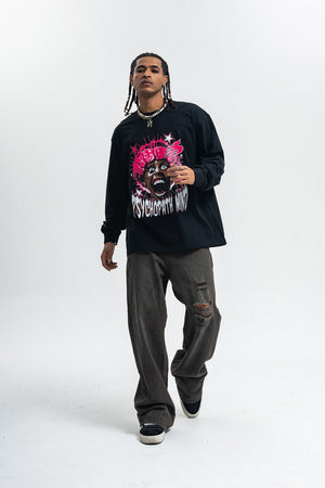 Psychopath slogan jumper long sleeve raver t-shirt grunge hip-hop top in brown