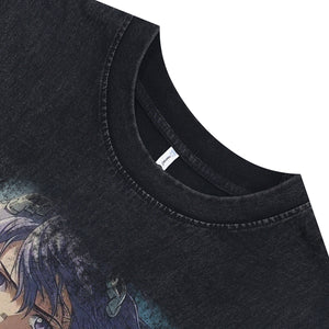 Tattooed girl cartoon sleeveless t-shirt Japanese anime surfer vest 00s retro Manga tank top in acid wash black