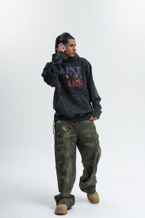 Saint print hoodie vintage wash religion jumper grunge retro pullover in acid grey