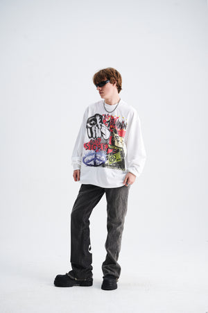 Y2K graffiti jumper skater top psychedelic hippie long sleeve t-shirt in white