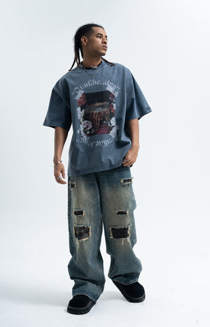 Blindfold t-shirt creepy girl top grunge punk tee in blue