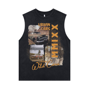 American car sleeveless t-shirt retro poster surfer vest 80s motorsports tank top in acid wash black