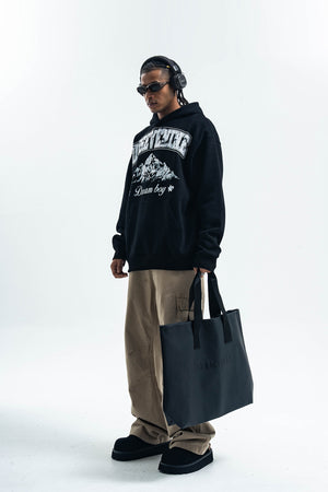 Dream boy slogan hoodie mountain print pullover retro landcape poster jumper in brown