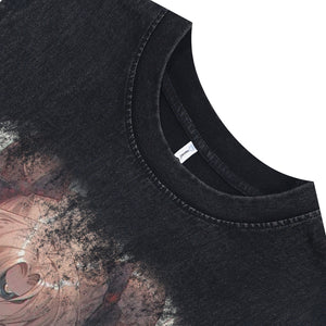 Cute anime girl sleeveless t-shirt vintage Japanese vest retro cartoon tank top in acid wash black