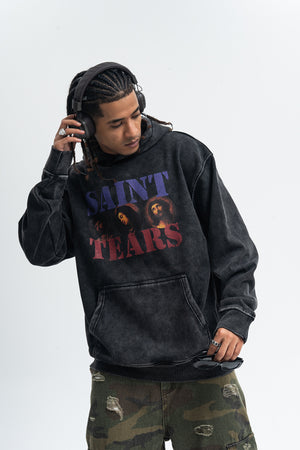 Saint print hoodie vintage wash religion jumper grunge retro pullover in acid grey