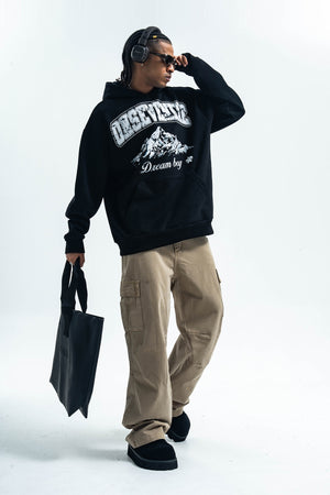 Dream boy slogan hoodie mountain print pullover retro landcape poster jumper in brown