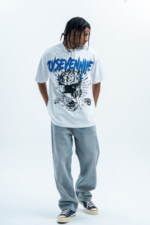 Brain print t-shirt creepy cartoon top monster tee in white