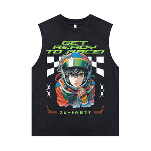 Racer boy cartoon sleeveless t-shirt retro anime surfer vest motorsports tank top in acid wash black
