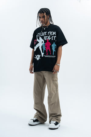 Psychedelic t-shirt graffitit top escape slogan tee raver jumper in black