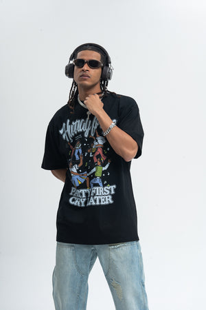 Party slogan t-shirt retro cartoon top 90s tee in black