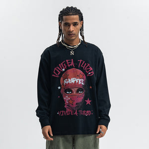 Balaclava print long sleeve top ganster t-shirt hip-hop jumper in white