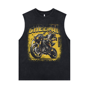 Motorbike sleeveless t-shirt motorsports surfer vest cheetah slogan tank top in acid wash black