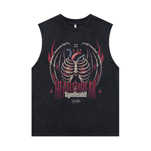 Skeleton bones sleeveless t-shirt skull print surfer vest heartbreak slogan tank top in acid wash black
