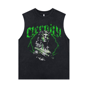 Eternity slogan sleeveless t-shirt gothic print vest statue saint cartoon tank top in acid wash black