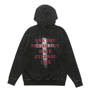 Saint print hoodie vintage wash religion jumper grunge retro pullover in acid grey