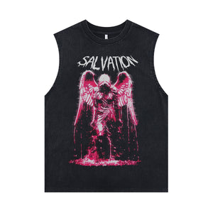 Salvation slogan sleeveless t-shirt creepy gothic surfer vest horror angel tank top in acid wash black