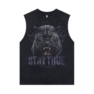 Black panther sleeveless t-shirt wild cat surfer vest retro poster grunge tank top in acid wash black