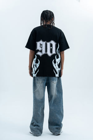 Flame print t-shirt retro cartoon top graffiti tee 90s jumper in black