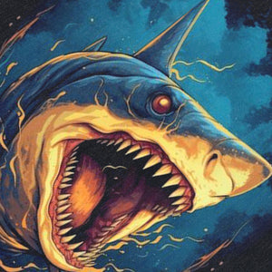 Shark print sleeveless t-shirt scary cartoon vest 90s sea life poster tank top in acid wash black