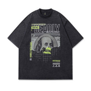 Psychedelic punk t-shirt money slogan tee creepy skull top in vintage grey