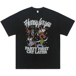 Party slogan t-shirt retro cartoon top 90s tee in black