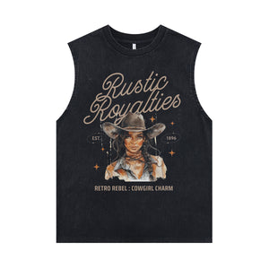 Cowgirl print sleeveless t-shirt wild west surfer vest USA western tank top in acid wash black