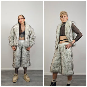 Faux Fur Joggers White Oil Wash, Shaggy Statement Pants, Unisex Luxe Grunge Bottoms, Raver Festival Trousers
