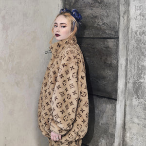 LV fleece track jacket handmade recycled faux fur bomber in brown