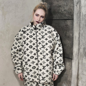 LV fleece jacket handmade recycled faux fur sports bomber in white