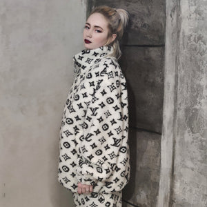 LV fleece jacket handmade recycled faux fur sports bomber in white