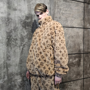 LV fleece track jacket handmade recycled faux fur bomber in brown