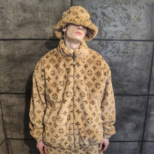 LV fleece track jacket handmade recycled faux fur bomber in brown